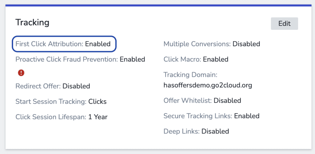 A tracking settings panel with First Click Attribution enabled.